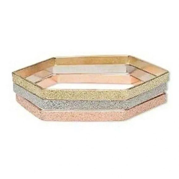 Gold Silver Copper Metal Stardust Hexagon Geometric Bangle Bracelets Set of 3 - Picture 1 of 1